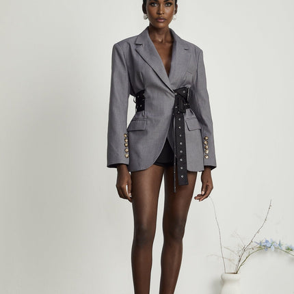 Rita Grey Blazer Long Sleeve Lapel Buttoned Cuffs Inset Pockets Belted Waist Terylene Cotton Elegant Sophisticated Versatile