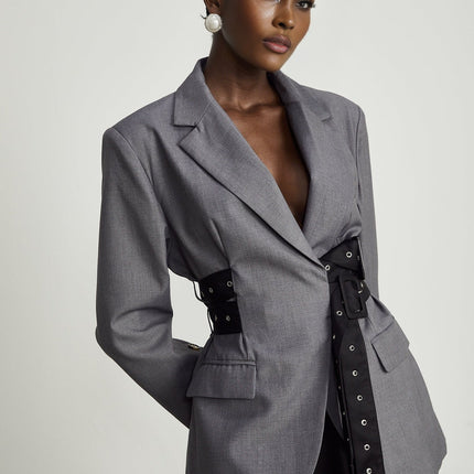 Rita Grey Blazer Terylene Cotton Inset Pockets Belted Waist