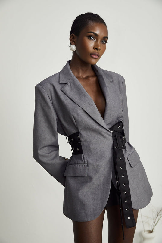 Rita Grey Blazer Terylene Cotton Inset Pockets Belted Waist