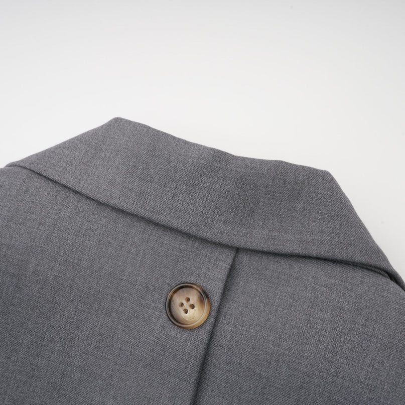 Rita Grey Blazer Terylene Cotton Long Sleeves Lapels Buttoned Cuffs Inset Pockets Belted Waist Versatile Wardrobe Staple Sophistication Elegance Timeless Style