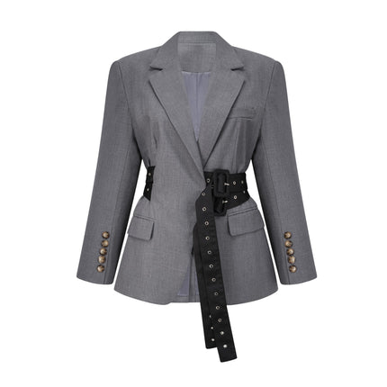 Rita Grey Blazer with Lapels and Belted Waist crafted from 70% Terylene and 30% Cotton