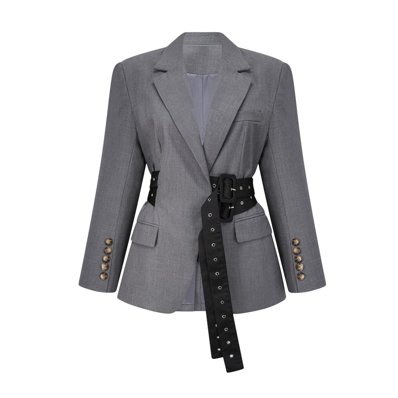 Rita Grey Blazer with Lapels and Belted Waist crafted from 70% Terylene and 30% Cotton