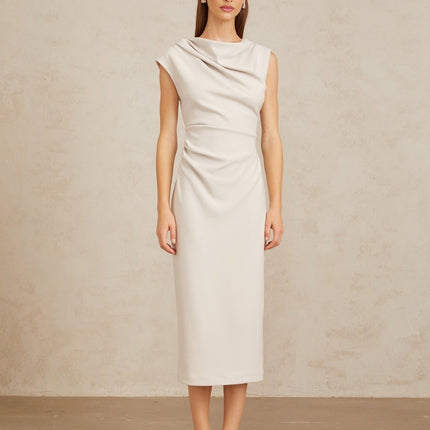 Rita Grey Cowl Neck Cap Sleeve Ruched Midi Dress