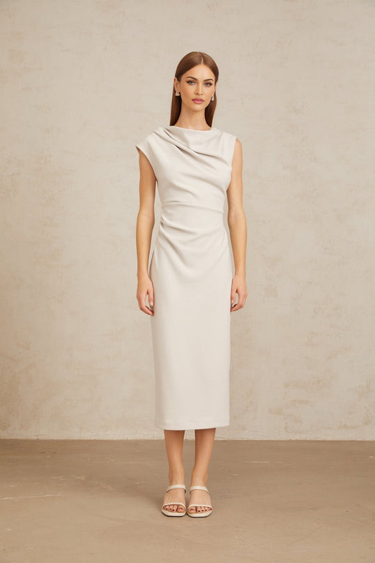 Rita Grey Cowl Neck Cap Sleeve Ruched Midi Dress