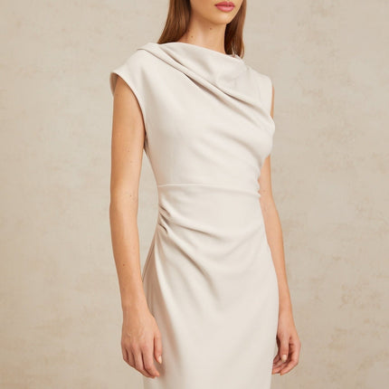 Rita Grey Midi Dress with Cowl Neck Cap Sleeves Ruched Detailing and Rear Slit