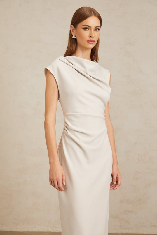 Rita Grey Midi Dress with Cowl Neck Cap Sleeves Ruched Detailing and Rear Slit