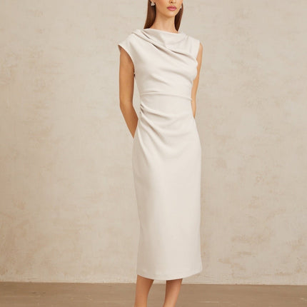 Rita Grey Cowl Neck Cap Sleeve Ruched Midi Dress with Rear Slit