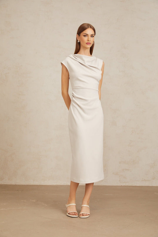Rita Grey Cowl Neck Cap Sleeve Ruched Midi Dress with Rear Slit