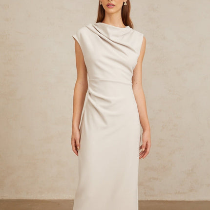 Rita Grey Cowl Neck Cap Sleeve Ruched Midi Dress