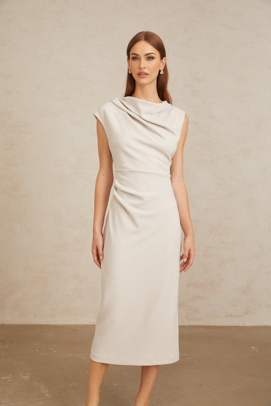 Rita Grey Cowl Neck Cap Sleeve Ruched Midi Dress