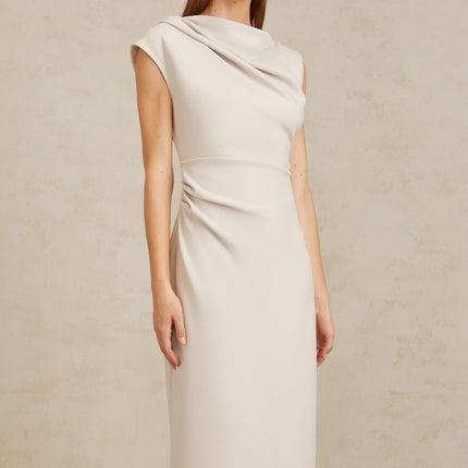 Rita Midi Dress in Grey with Cowl Neck and Ruched Detailing