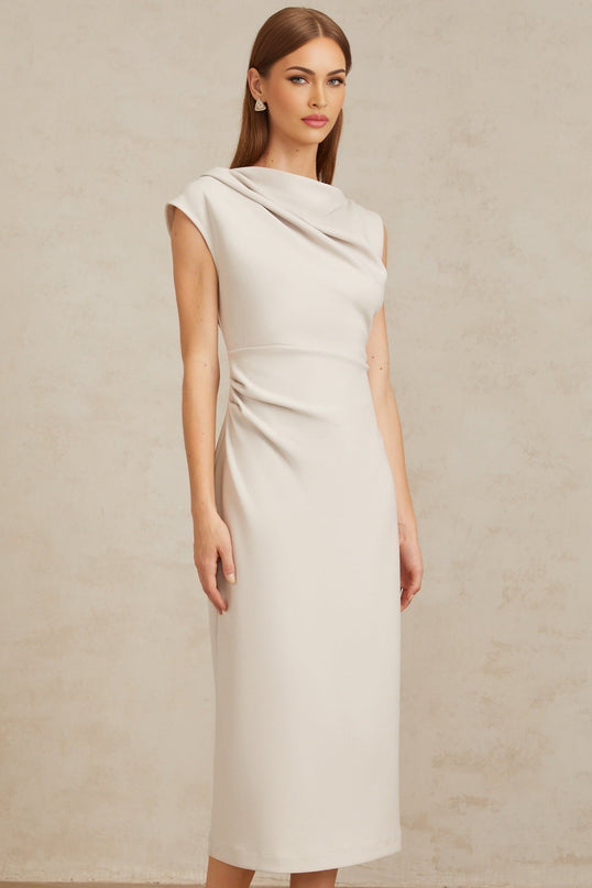 Rita Midi Dress in Grey with Cowl Neck and Ruched Detailing
