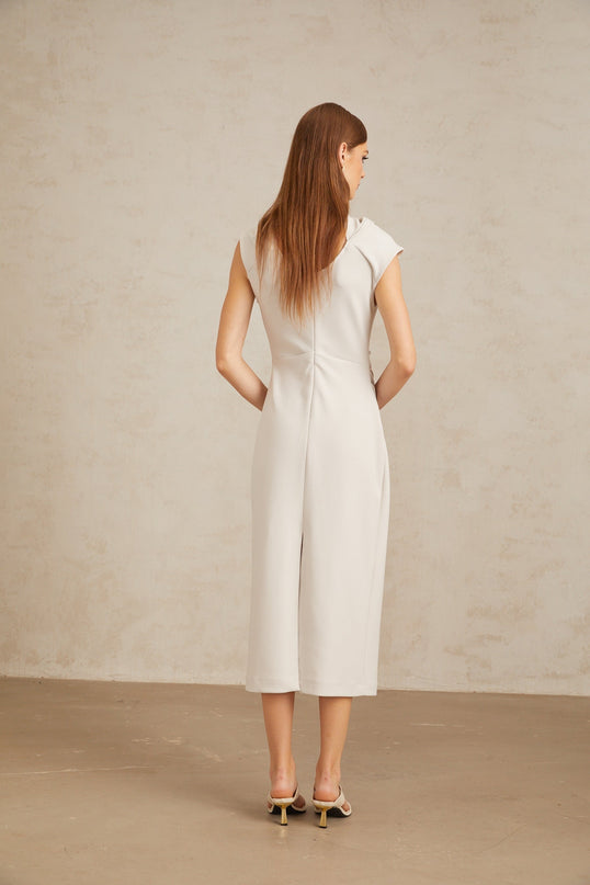 Rita Midi Dress in Grey with Cowl Neck and Ruched Detailing