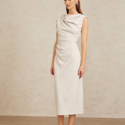 Rita Midi Dress in Grey with Cowl Neck and Ruched Detailing