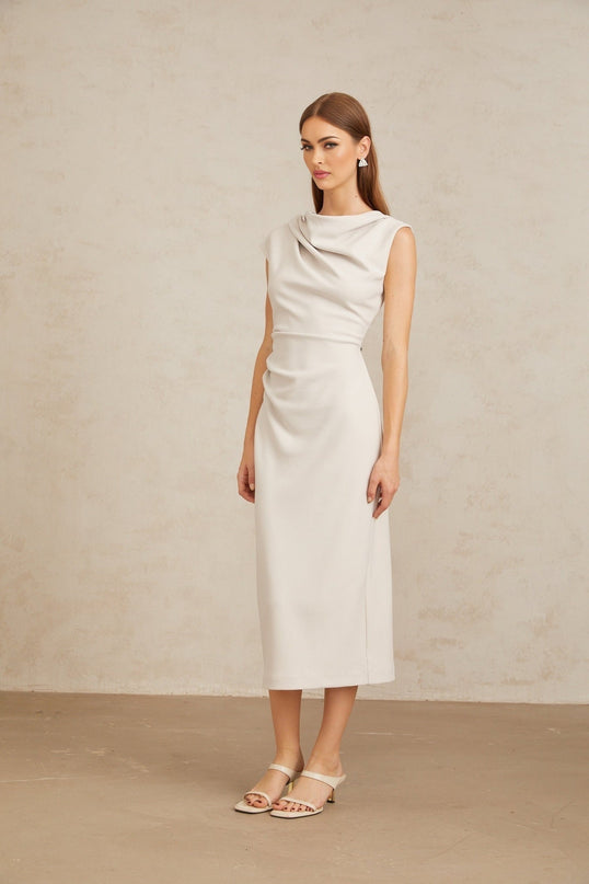 Rita Midi Dress in Grey with Cowl Neck and Ruched Detailing