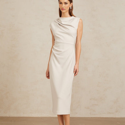 Rita Midi Dress in Grey with Cowl Neck and Ruched Detailing