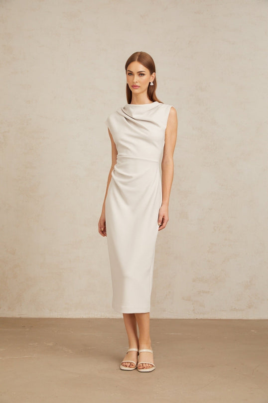 Rita Midi Dress in Grey with Cowl Neck and Ruched Detailing
