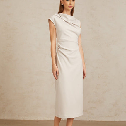 Rita Midi Dress in Grey with Cowl Neck and Ruched Detailing