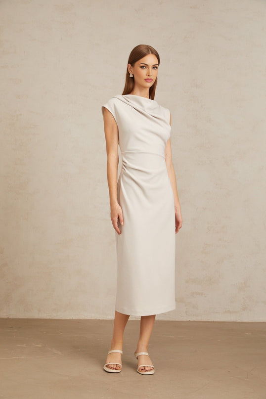 Rita Midi Dress in Grey with Cowl Neck and Ruched Detailing