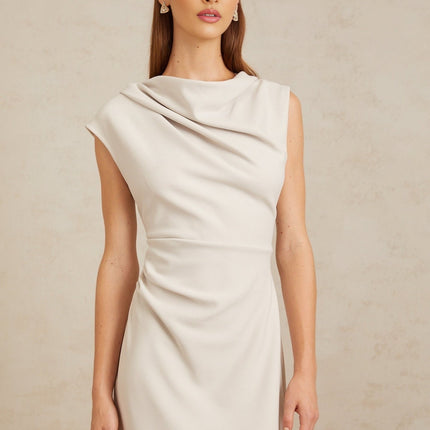 Rita Midi Dress in Grey with Cowl Neck and Ruched Detailing