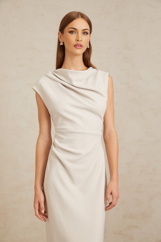 Rita Midi Dress in Grey with Cowl Neck and Ruched Detailing