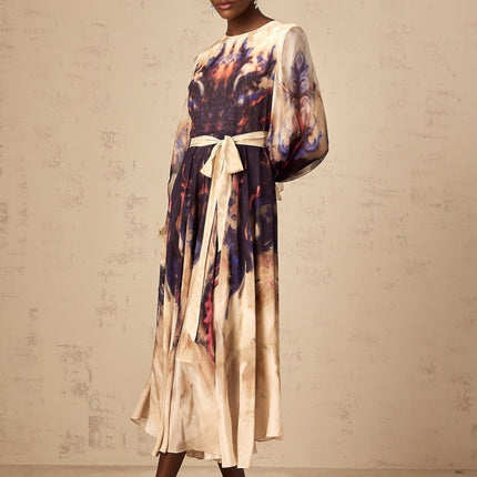 Rita Midi Dress in Neutrals and Multicolor Silk Smudged Graffiti Print Long Puff Sleeves Ruffled Cuffs Pleated Detailing Self-Tie Design Rear Zip Fastening 100% Terylene Fiber