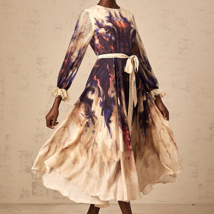 Rita Midi Dress in Neutrals and Multicolor Silk Smudged Graffiti Print
