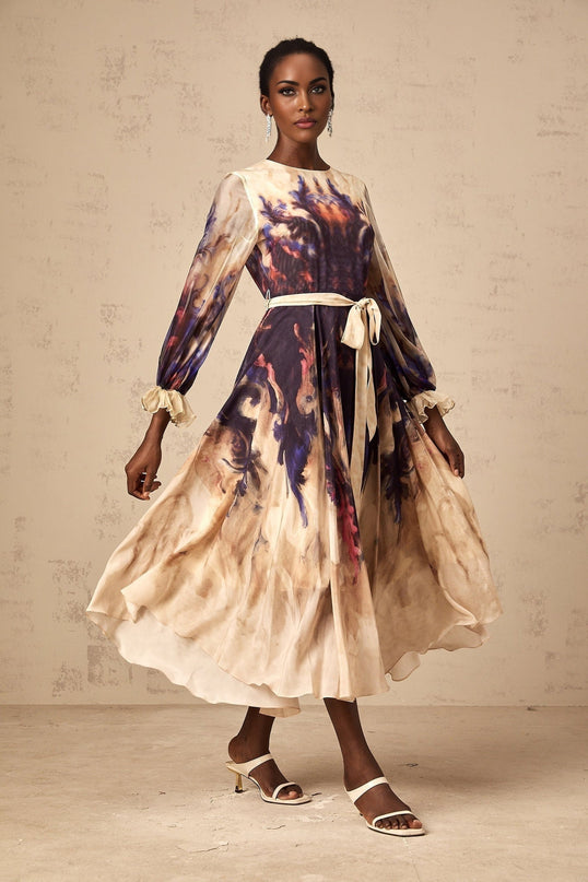 Rita Midi Dress in Neutrals and Multicolor Silk Smudged Graffiti Print