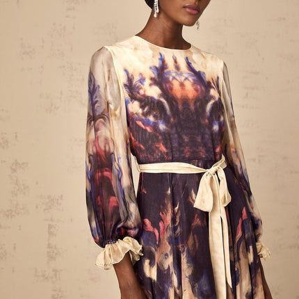Rita Midi Dress in Neutrals and Multicolor Silk Smudged Graffiti Print Long Puff Sleeves Ruffled Cuffs Pleated Detailing Self-Tie Design Rear Zip Fastening 100% Terylene Fiber