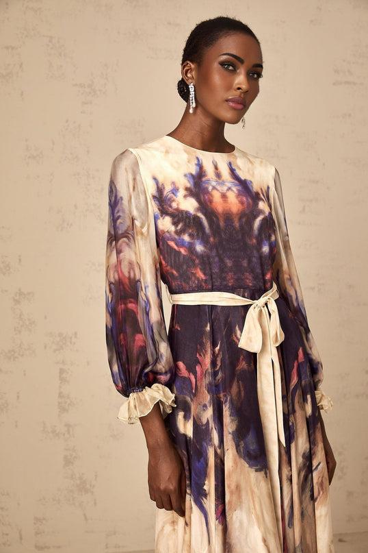 Rita Midi Dress in Neutrals and Multicolor Silk Smudged Graffiti Print Long Puff Sleeves Ruffled Cuffs Pleated Detailing Self-Tie Design Rear Zip Fastening 100% Terylene Fiber