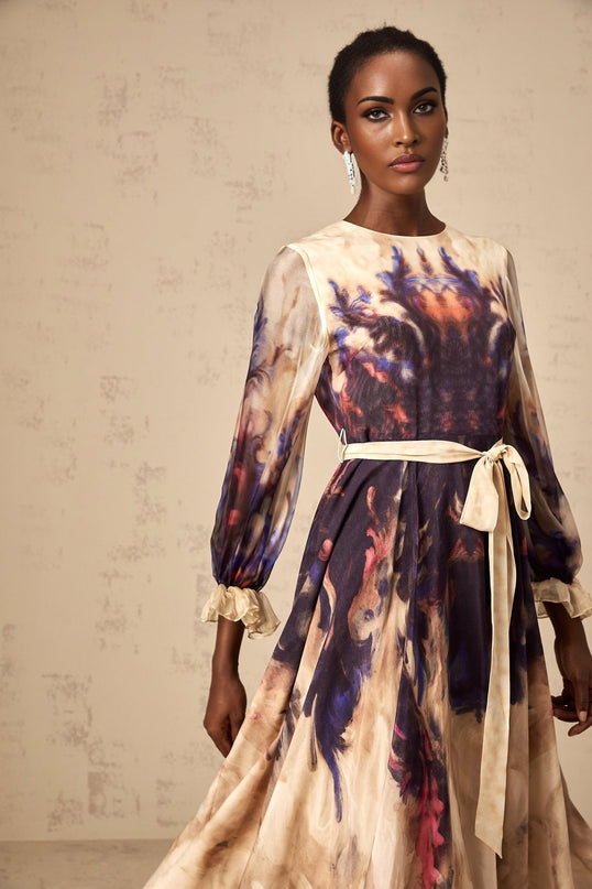 Rita Midi Dress in Neutrals and Multicolor Silk Smudged Graffiti Print Long Puff Sleeves Ruffled Cuffs Pleated Detailing Self-Tie Design Rear Zip Fastening 100% Terylene Fiber