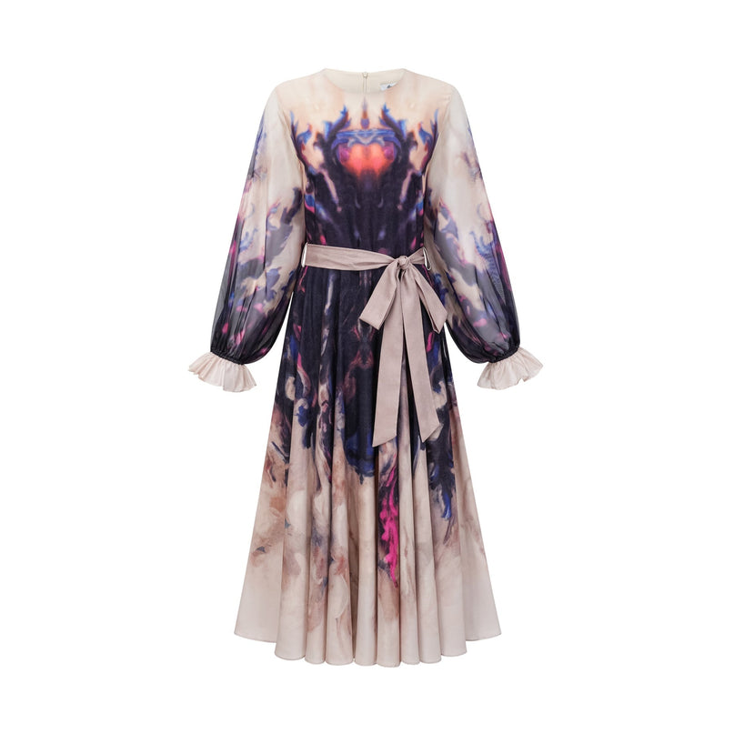 Rita Midi Dress in Neutrals and Multicolor Silk Smudged Graffiti Print Long Puff Sleeves Ruffled Cuffs Pleated Detailing Self-Tie Design Rear Zip Fastening 100% Terylene Fiber