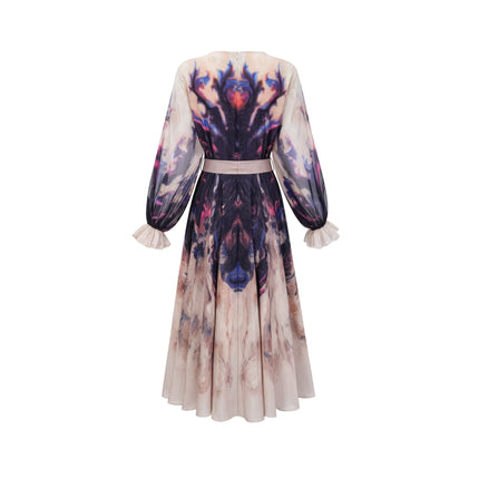 Rita Midi Dress in Neutrals and Multicolor Silk Smudged Graffiti Print Long Puff Sleeves Ruffled Cuffs Pleated Detailing Self-Tie Design Rear Zip Fastening 100% Terylene Fiber
