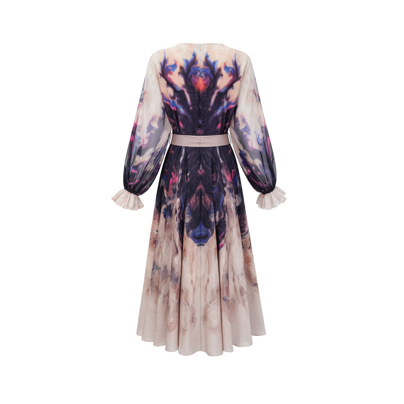 Rita Midi Dress in Neutrals and Multicolor Silk Smudged Graffiti Print Long Puff Sleeves Ruffled Cuffs Pleated Detailing Self-Tie Design Rear Zip Fastening 100% Terylene Fiber