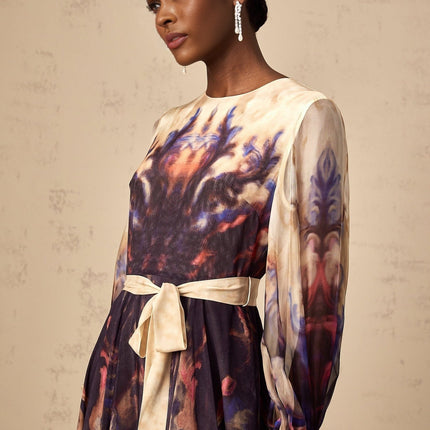 Rita Midi Dress in Neutrals and Multicolor Silk Smudged Graffiti Print Long Puff Sleeves Ruffled Cuffs Pleated Detailing Self-Tie Design Rear Zip Fastening 100% Terylene Fiber