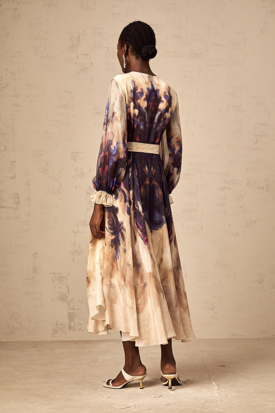 Rita Midi Dress in Neutrals and Multicolor Smudged Graffiti Print Silk Long Puff Sleeves Ruffled Cuffs Pleated Detailing Self-Tie Design Rear Zip Fastening 100% Terylene Fiber