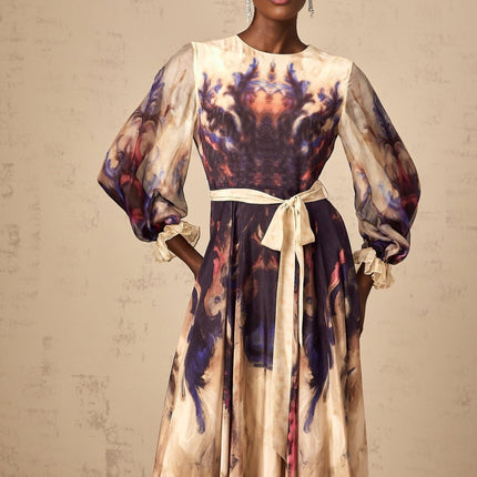 Rita Midi Dress in Neutrals and Multicolor Smudged Graffiti Print Silk Ruffled Cuffs Pleated Detailing Self-Tie Design Long Puff Sleeves Rear Zip Fastening 100% Terylene Fiber