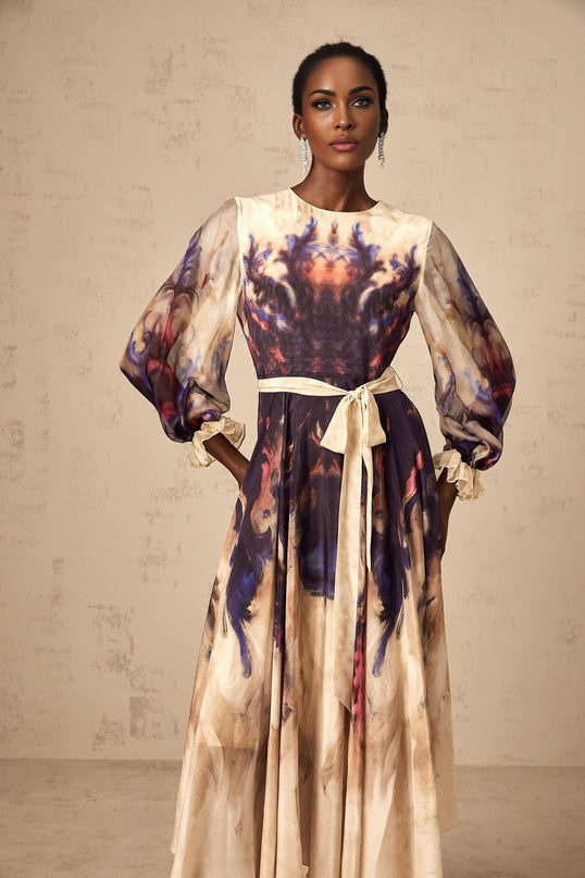 Rita Midi Dress in Neutrals and Multicolor Smudged Graffiti Print Silk Ruffled Cuffs Pleated Detailing Self-Tie Design Long Puff Sleeves Rear Zip Fastening 100% Terylene Fiber