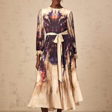 Rita Midi Dress in Neutrals and Multicolor Smudged Graffiti Print Silk Ruffled Cuffs Pleated Self-Tie Design 100 percent Terylene Fiber