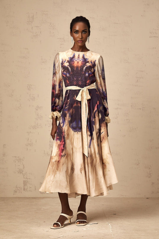 Rita Midi Dress in Neutrals and Multicolor Smudged Graffiti Print Silk Ruffled Cuffs Pleated Self-Tie Design 100 percent Terylene Fiber