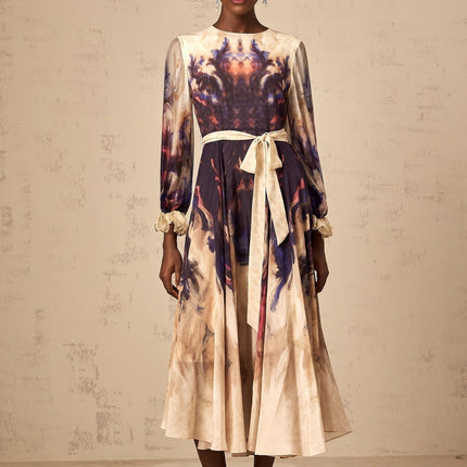 Rita Midi Dress in Neutrals and Multicolor Smudged Graffiti Print Silk Ruffled Cuffs Pleated Detailing Self-Tie Design 100% Terylene Fiber