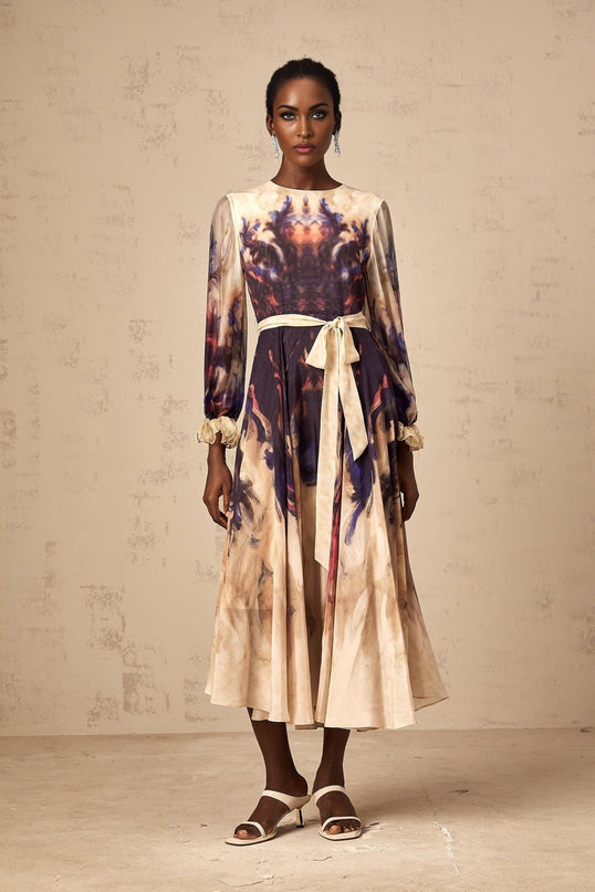 Rita Midi Dress in Neutrals and Multicolor Smudged Graffiti Print Silk Ruffled Cuffs Pleated Detailing Self-Tie Design 100% Terylene Fiber