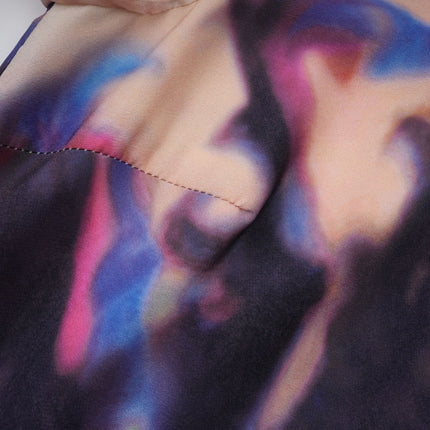 Rita Midi Dress in Neutrals and Multicolor Smudged Graffiti Print Silk with Ruffled Cuffs and Pleated Detailing