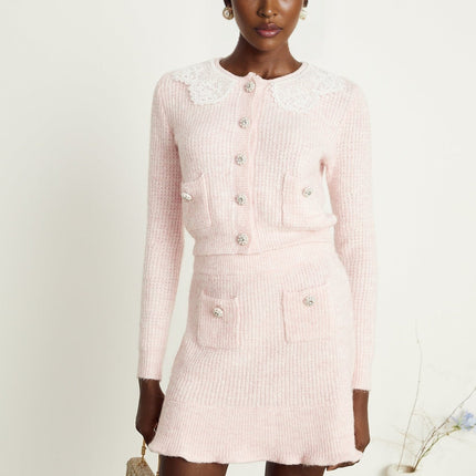 Rita Pink Cardigan Skirt Set Luxury Elegance Charm Ribbed Knit Lace Panel Flounce Hem Front Patch Pockets Slip-On Style Chic Styling Versatile Fashion Lover Collection