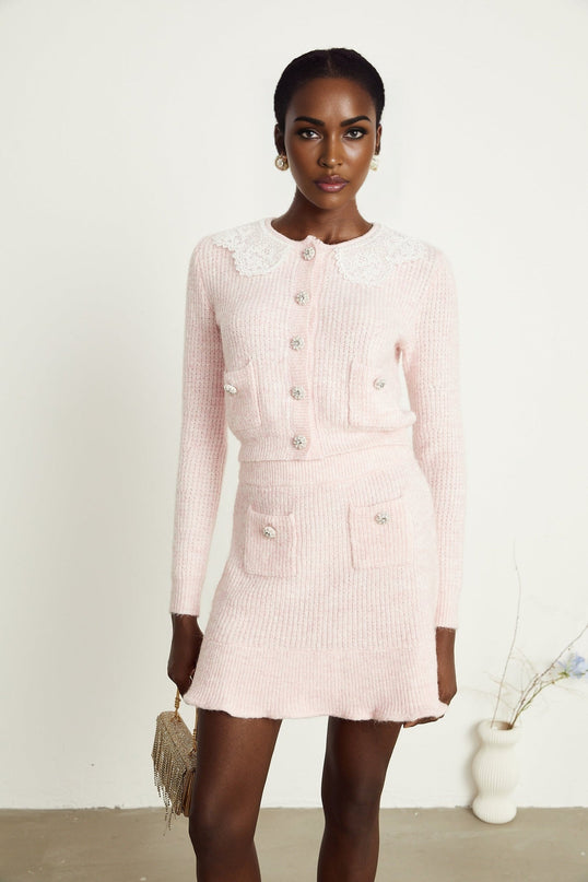 Rita Pink Cardigan Skirt Set Luxury Elegance Charm Ribbed Knit Lace Panel Flounce Hem Front Patch Pockets Slip-On Style Chic Styling Versatile Fashion Lover Collection