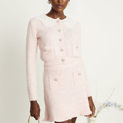 Rita Pink Cardigan Skirt Set Luxury Sophistication Acrylic Nylon Terylene Ribbed Knit Lace Panel Collar Flounce Hem Patch Pockets Slip-On Style Chic Styling Versatile Fashion Lover Collection