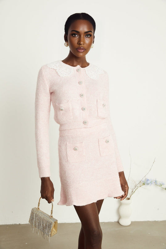 Rita Pink Cardigan Skirt Set Luxury Sophistication Acrylic Nylon Terylene Ribbed Knit Lace Panel Collar Flounce Hem Patch Pockets Slip-On Style Chic Styling Versatile Fashion Lover Collection