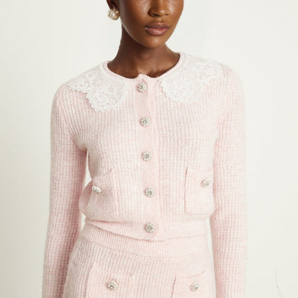 Rita Pink Cardigan Skirt Set Acrylic Nylon Terylene Ribbed Knit Lace Panel Flounce Hem Patch Pockets Slip-On Style