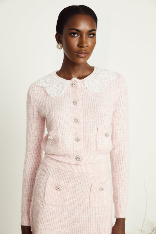 Rita Pink Cardigan Skirt Set Acrylic Nylon Terylene Ribbed Knit Lace Panel Flounce Hem Patch Pockets Slip-On Style