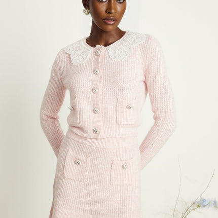 Rita Pink Cardigan Skirt Set Luxury Elegance Ribbed Knit Lace Panel Flounce Hem Patch Pockets Slip-on Style Chic Styling Versatile Fashion Lover